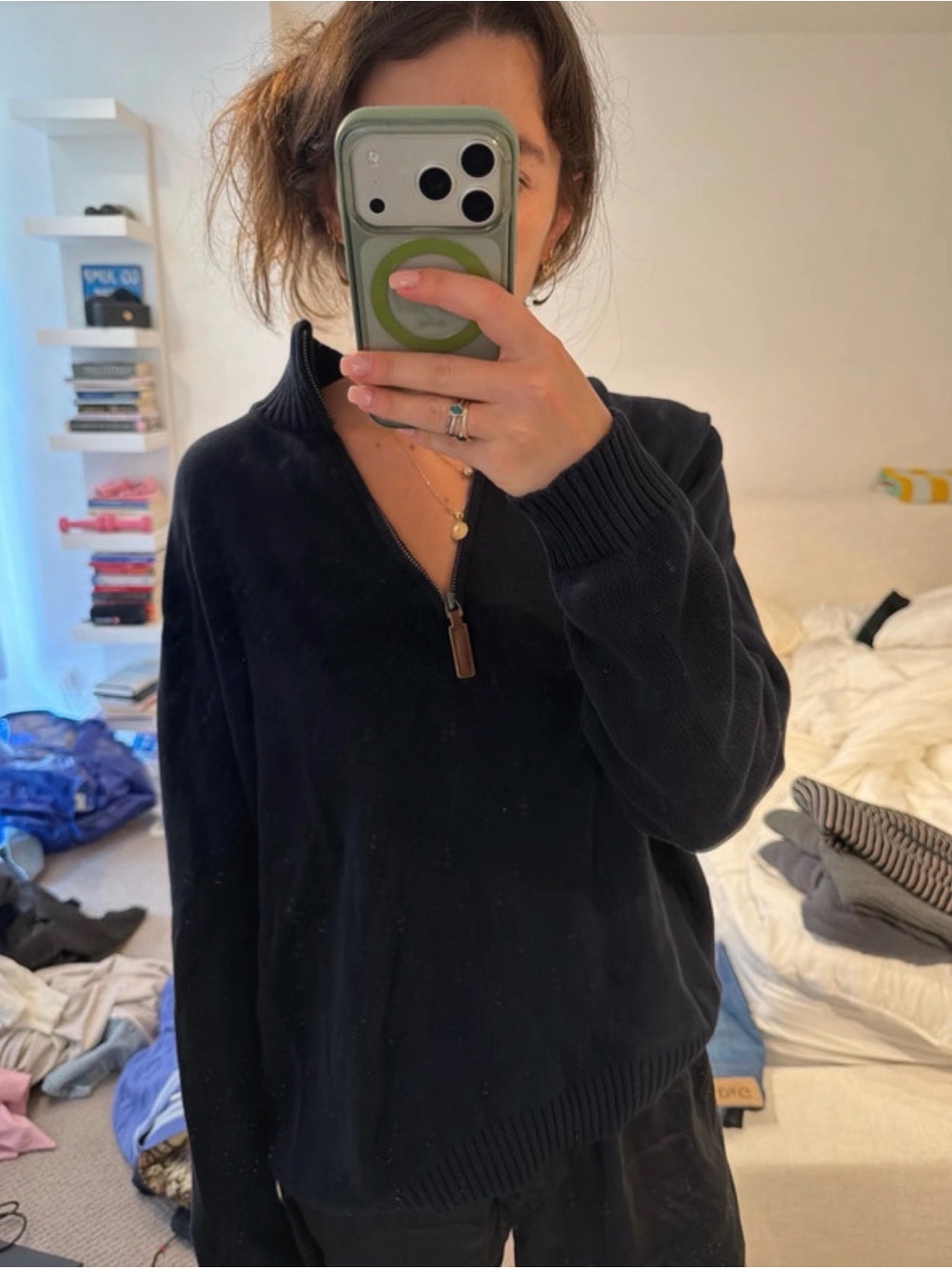 Brandy Melville Black Half-Zip Ribbed V-Neck Sweater